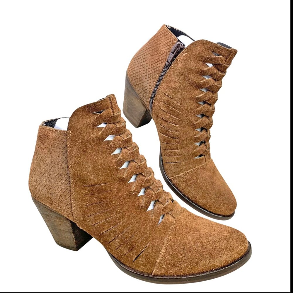 Free People Loveland Brown Suede Snake‎ Embossed Zip Booties